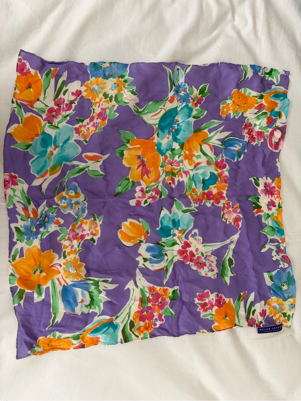 Ralph Lauren Purple Floral Silk Scarf with Orange & Pink Blooms